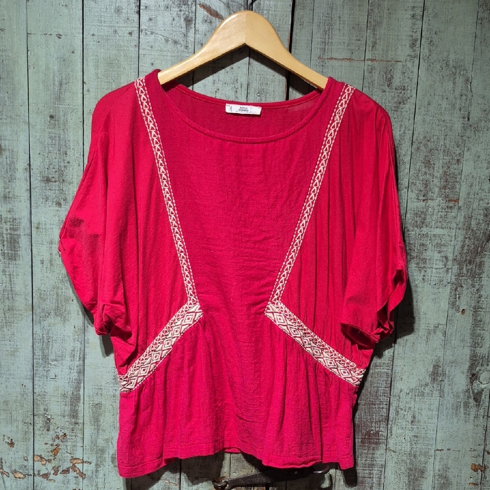 Mango Red Blouse with Embroidered Trim
